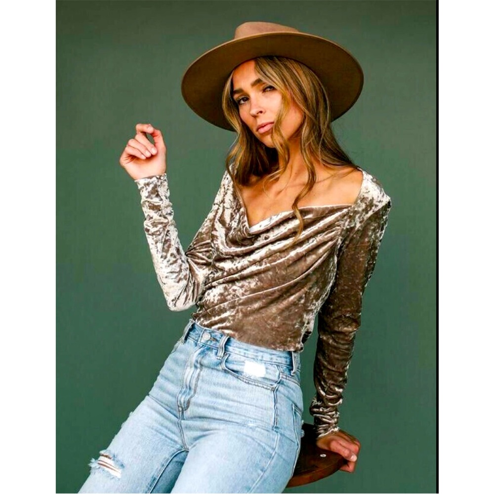 NWT Free People Taupe Perfect Date Cowlneck Velvet Long Sleeve Top Medium